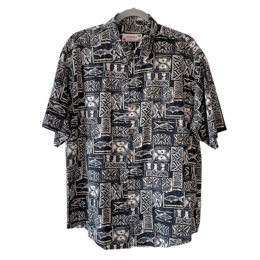SUMMA Silk Blend Hawaiian Polynesian Short Sleeve Button Down Shirt | Large